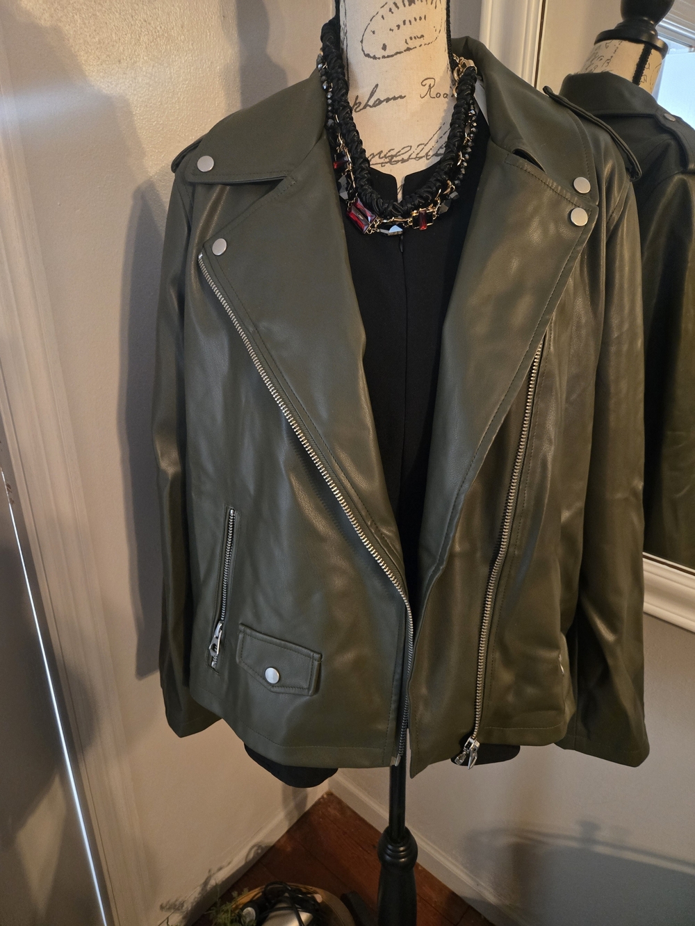 Olive Green Faux Leather Moto Jacket with Silver Hardware